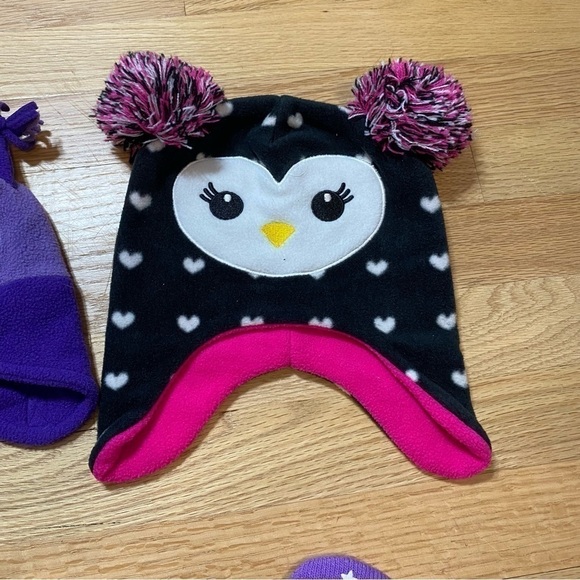 Toddler Hat Mitten Bundle Lot Owl Penguin Pink Purple Black Knit Winter - Picture 4 of 6